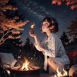 1930s (style), a loli girl roasting marshmallows over a campfire looking up at a stary night surrounded by maple trees, Sketch, autumn_leaves, star_(sky),Lofi,LOFI,cassdawnlvl1,day,EpicArt