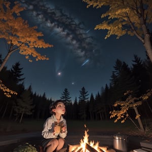 Up side down ,1930s (style), a loli girl roasting marshmallows over a campfire looking up at a stary night surrounded by maple trees, Sketch, autumn_leaves, star_(sky),Lofi,LOFI,cassdawnlvl1,day