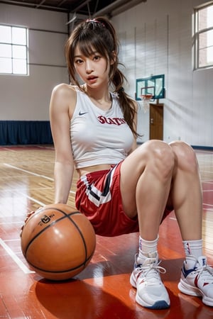 (((1ponytail hair girl:1.3, solo))), (a extremely pretty and beautiful milf:1.3), (22 years old: 1.1), (pointing at you:1.3), (stylish basketball posing:1.3), (open stance:1.3), (dribbling:1.3),  at basketball arena, holding a basketball,spot light ,
break, 
(up-ponytail:1.3), (shiny-black thin hair:1.2), bangs, dark brown eyes, beautiful eyes, princess eyes, bangs, Hair between eyes, short hair:1.3, slender, (gigantic breasts:1.3, sagging breasts:1.3, disproportionate breasts;1.3), (thin waist: 1.3), (detailed beautiful girl: 1.4), Parted lips, Red lips, full-make-up face, (shiny skin), ((Perfect Female Body)), (upper body Image:1.3), Perfect Anatomy, Perfect Proportions, (most beautiful Asian actress face:1.3, extremely cute and beautiful Korean idol face:1.3), (seductive emotion:1.3), (blowjob face:1.3, open mouth:1.3), (4fingers and thumb:1.3), (perfect ratio human hands:1.3), 
BREAK, 
(wearing red +white basketball unifrom:1.3), (sports shorts:1.3), (basketball shoes:1.3), detailed clothes, 
BREAK, 
a basketball arema, basketball, baseketball goal, audience, player, coach, 
BREAK, 
(Realistic, Photorealistic: 1.37), (Masterpiece, Best Quality: 1.2), (Ultra High Resolution: 1.2), (RAW Photo: 1.2), (Sharp Focus: 1.3), (Face Focus: 1.2), (Ultra Detailed CG Unified 8k Wallpaper: 1.2), (Beautiful Skin: 1.2), (pale Skin:1.3), (Hyper Sharp Focus: 1.5), (Ultra Sharp Focus: 1.5), (Beautiful pretty face: 1.3), (super detailed background, detail background: 1.3), Ultra Realistic Photo, Hyper Sharp Image, Hyper Detail Image, ,Indoor Grey