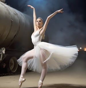 Masterpiece,realistic,at night,burning sky desert ,A beautiful girl, long hair flying to,cascading blonde, ballet round of long leg in the air,  in front of fired blur tank ,(perfect+cute face:1.3),white+white+colorless skin, pencil leg,wearing shabby+torn+dirty+tattered commoner clothes, rocket missile flying through,strong lighting, expose large breast, full_body.,wearing white broken ballet dress,Movie Still,Film Still,Cinematic,NightmareFlame