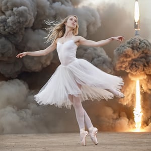 Masterpiece,realistic,burning sky desert ,A beautiful girl, long hair flying to,cascading blonde, ballet round of long leg in the air,  in front of fired blur tank ,(perfect+cute face:1.3),white+white+colorless skin, pencil leg,wearing shabby+torn+dirty+tattered commoner clothes, rocket missile flying through,strong lighting, expose large breast, full_body.,wearing white broken ballet dress,Movie Still,Film Still,Cinematic,NightmareFlame