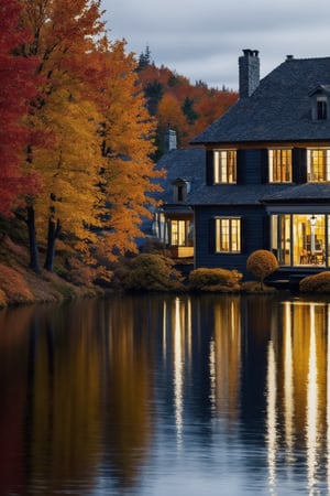 Masterpiece, ultra detail,realistic,  autumn, at night, small glass hunter house near big quite lake, reflection house,camera form lake , fall forest alround lake, far snow mountain,,extrem big wind, mountain,impressionism,fine art