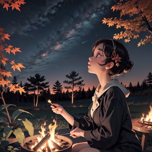 1930s (style), a loli girl roasting marshmallows over a campfire looking up at a stary night surrounded by maple trees, Sketch, autumn_leaves, star_(sky),Lofi,LOFI,cassdawnlvl1,day,EpicArt