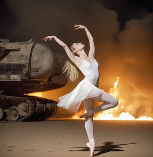 Masterpiece,realistic,at night,burning sky desert ,A beautiful girl, long hair flying to,cascading blonde, ballet round of long leg in the air,  in front of fired blur tank ,(perfect+cute face:1.3),white+white+colorless skin, pencil leg,wearing shabby+torn+dirty+tattered commoner clothes, rocket missile flying through,strong lighting, expose large breast, full_body.,wearing white broken ballet dress,Movie Still,Film Still,Cinematic,NightmareFlame