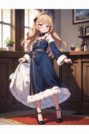 (courtesy, curtsey:1.5), absurdres, highres, ultra detailed, (1girl:1.3),detailed background,blonde wave head hair, (very short bangs:1.5),blunt bangs,(French braid:1.3),BREAK cute illustration,cute face,beautiful eyes,(fluffy long dress:1.6),princesses, beautiful high heels,full body, noble house, ball