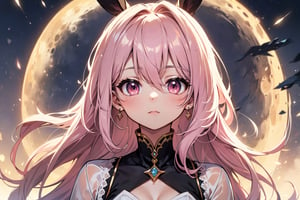 absurdres, highres, ultra detailed, (1girl:1.3),detailed background, Red eyes, long braided hair, two-tone silver and pink hair, see-through, pearly white, white bunny girl, lace decorations, moon, starry sky, rainbow colors, and upward glance,