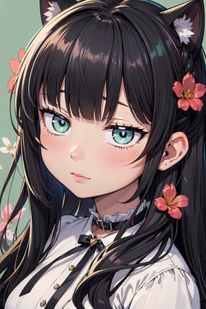 absurdres, highres, ultra detailed, 1girl,detailed background, beautiful face,beautiful girl,black cat ear, lots of flowers,gothic lolita fluffy dress, straight-cut bangs, french braid,glossy black semi-long hair hair,beautiful face, slit pupils,beautiful glittering green eyes, Heart Effects,perfect anatomy