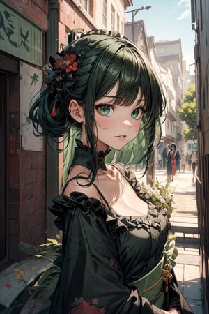 absurdres, highres,ultimate detailed,looking at viewer,(1girl,solo:1.4), (one side long bangs:1.3), cute illustration,(beautiful face:1.5),(beautiful green eyes:1.5),jitome,(glossy black hair,beautiful hair:1.2), straight-cut bangs, french braid,(cute Gothic frill dress:1.4),(kimono:1.3),(camisole:1.1), floral pattern. Street snap,