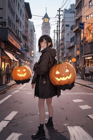 absurdres, highres, ultra detailed, (1girl:1.3),detailed background,(Green jack-o'-lantern:1.3), A busy street corner on Halloween