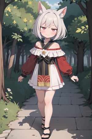 absurdres, highres, ultra detailed, (1girl:1.3),detailed background,Rabbit ears, red eyes, white hair, pigtails, Native American fashion, Colorful patchwork shoulder shawl ,rabbit mouth, smile, brown skin, cute, cuddly, omega mouth, in the woods, walk,japnese anime's  illustration