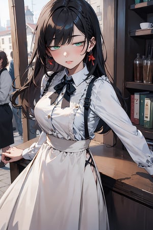 absurdres,  highres,  ultra detailed,  (1girl:1.3), detailed background, (White blouse:1.2), long sleeves, frilled collar, delicate lace pattern, (Black apron skirt:1.2), pleats, White apron with front pockets, waist tie, Black ribbon tie 
BREAK black long hair,  Braid , beautiful face, beautiful green eyes,
 BREAK stylish cafe