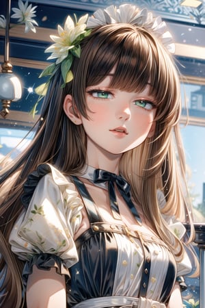 absurdres, highres, ultra detailed, (1girl:1.3),detailed background,
color pencil art,absurdres, ultra detailed, best quality, masterpiece, light,glossy texture,black long hair,Straight very short bangs,glittering green eyes,beautiful face,beautiful eyes,Antique coffee shop,waitress,Victorian maid,cute illustration,she is relaxed,3D figure,1 girl,flower