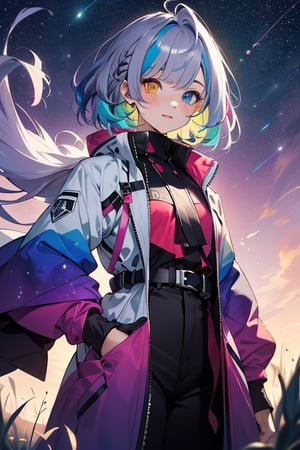 ((masterpiece:1.4, best quality)), ((masterpiece, best quality)),1girl,solo,(heterochromia:1.3),(gradation hair:1.5),(many colored hair:1.5),bob cut,(luminous),meadow with a purple sunset,coat,night sky,starry sky,galaxy,happy,cowboy shot