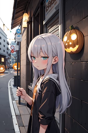 absurdres, highres, ultra detailed, 1girl, , detailed background, (Green jack-o'-lantern:1.3), A busy street corner on Halloween, very cute girl, beautiful eyes