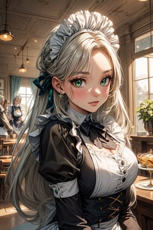  (1girl:1.3), (beautiful and aesthetic:1.3), (absurdres, ultra detailed, best quality, masterpiece, light:1.4),,black long hair,Straight very long bangs,(glittering green eyes:1.3),(beautiful face:1.5),(beautiful eyes:1.2),Antique coffee shop,waitress,((Victorian maid:1.5)),cute illustration