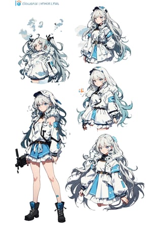(masterpiece), best quality, expressive eyes, perfect face, anime, female, cloud concept outfit, cloud outfit, 2d, concept art, full body, vtuber model, character sheet, young adult, long hair, fluffy hair, white hair, blue eyes, fluffy, puffy, high quality, detailed, feminine, rain, fluffy skirt, grey, blue, white, gold, vtuber model full body pose, arms at side, fur lined outfit, curly hair, cloudlike outfit, ,long hair, layered_skirt, no background, medium chest, simple background, cloud hair, hitomi, long sleeves, white outfit