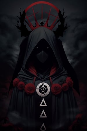 Female silhouette covered by a cloak, hooded, corne of withered flowers on her head, red and black flowers adorning as a crown, total darkness as background, circle with runes in the background, smoke covering the background behind her with opacity, body covered entirely by cape, no face only dark instead