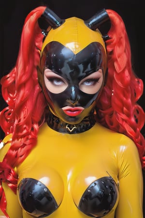 a 1woman dressed in a yellow Transparent  and black latex dress, long black latex gloves,,dungeon, [[[ Glow eyes ]]], high definition, more detail XL, high mackeup,GLASS,full face latex mask,red hair,huge breasts,small waist,strap-on dildo,aw0k euphoricred style,Latex_Hood_&_Pigtails