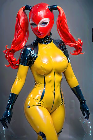 a 1woman dressed in a yellow Transparent  and black latex dress, long black latex gloves,,dungeon, [[[ Glow eyes ]]], high definition, more detail XL, high mackeup,GLASS,full face latex mask,red hair,huge breasts,small waist,huge penis,aw0k euphoricred style,Latex_Hood_&_Pigtails,thigh high platform boots,posing,futanari,