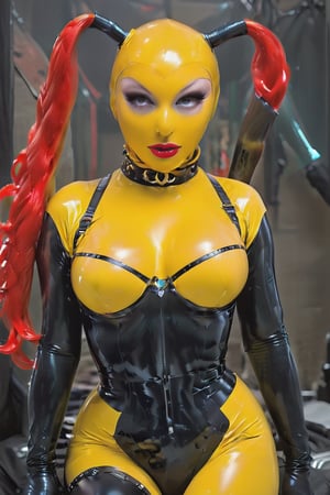 a 1woman dressed in a yellow Transparent  and black latex dress, long black latex gloves,,dungeon, [[[ Glow eyes ]]], high definition, more detail XL, high mackeup,GLASS,full face latex mask,red hair,huge breasts,small waist,strap-on dildo,aw0k euphoricred style,Latex_Hood_&_Pigtails