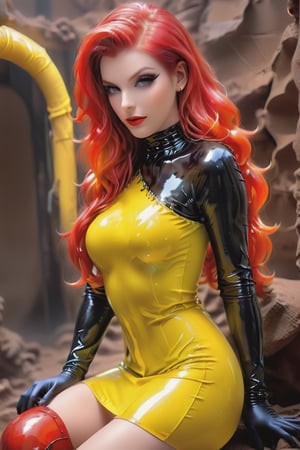 a 2woman dressed in a yellow Transparent  and black latex dress, long black latex gloves,,dungeon, [[[ Glow eyes ]]], high definition, more detail XL, high makeup,GLASS,full face latex mask,red hair,huge breasts,small waist,strap-on dildo,aw0k euphoricred style,futanari,shemale