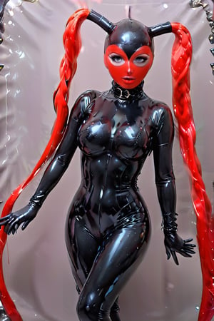 a 1woman dressed in a yellow Transparent  and black latex dress, long black latex gloves,,dungeon, [[[ Glow eyes ]]], high definition, more detail XL, high mackeup,GLASS,full face latex mask,red hair,huge breasts,small waist,strap-on dildo,aw0k euphoricred style,Latex_Hood_&_Pigtails,thigh high platform boots,posing,