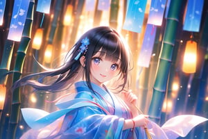 Mysterious beauty, 18-year-old girl with black long straight hair and blunt bangs, donning a stunning kimono made of translucent luminescent material, Tanabata, hang strips of paper on bamboo, Movie lighting casts a soft focus, accentuating her sparkling eyes and enigmatic smile. The surrounding atmosphere is airy and dreamlike, as if suspended in an excess of overexposure, with the subject's luminous body blending seamlessly into the radiant background.,score_9