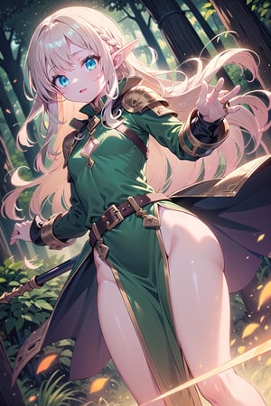 1 person, female, mysterious beautiful sexy girl,  elf, Perfect anatomy, perfect proportions, perfect face, platinum blonde hair, Wavy long hair, see-through bang, (fair skin: 1.4), green tunic dress, brown leather brest armor, brown leather waist belt, With a rapier handle, flat chest, dynamic pose, Midnight Forest　