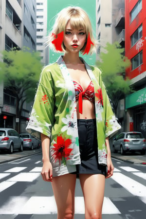 (Fashion Illustration:1.3) (Graffiti Urban Style Fashion:1.3), 1 person, Female, 20 years old, Mysterious beautiful girl, Perfect proportions, Perfect anatomy, Perfect face, Fluffy bob cut, (Blonde, Bangs: 1.3),Female face in heat,Open lips,Red cheeks, Light green with floral pattern yukata, Back view,Dynamic pose,Looking at the viewer,Soft focus,Overexposed,Airy photo, high-rise street crosswalk, Full body portrait,Full body Esbian, 