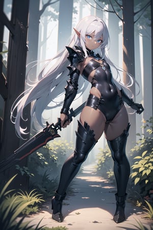 1 person, female, mysterious beautiful sexy slut, dark elf, Perfect anatomy, perfect proportions, perfect face, Gray Hair, (dark skin: 1.4), assassin costume, Black leather full body armor, Short stature, flat chest, dynamic pose, Midnight Forest　