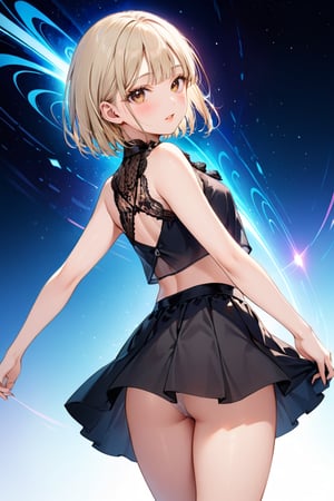 1 person, female, 18 years old, mysterious pretty beautiful kawaii sexy sult, perfect anatomy, perfect proportions, perfect face, platinum blonde hair, short hair, see-through bangs, lace top, flared skirt, perspective from behind, looking at the viewer, Female expression in heat, parted lips, Blushed cheeks, dynamic pose, cyber space,