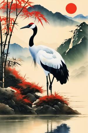 Red-crowned crane, Valley, 山竹春色