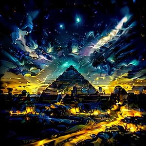 8k illustration of Pyramid in middle of desert,space illuminated by stars,volumetric lighting,highly detailed,shot on nikkon5d,EpicSky,cloud,sky