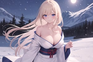 (masterpiece, best quality, ultra detail, detailed eyes, nice hands, perfect hands, looking forward, cowboy shot, 1girl, solo), anime, blush, cool, cold, 
yukionna, large breasts, cleavage, standing, collarbone, white japanese clothes, white kimono, white sash, in the sonw mountain, snowing, blonde hair, Blizzard, night, in the dark,