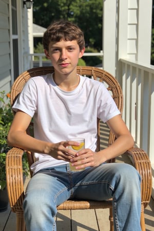 one skinny 16 year old boy,the boy is sitting in a rattan chair on a outdoor porch, summerm sunshine,lemonade,the boy iswearing jeans and a white tshirt