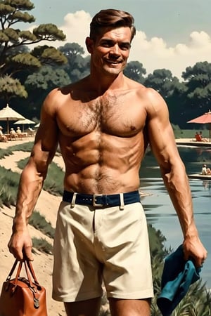 (((in the year of 1952))),photorealistic, masterpiece, high quality, (((((in the style of american mid century ((linedrawn)) illustration,))))),(((one hairy handsome muscular mature man))),at the beach, man is wearing bulging swiming trunks,the man is posing for the camera,man grin widely,