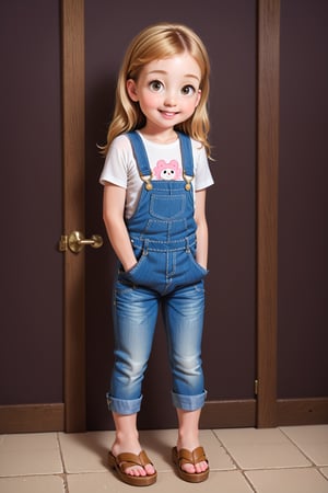 photorealistic, high quality,BREAK ,1girl, one cute toddler girl ,the toddler girl has long blond hair, the toddler girl is wearing denim overalls awhite t-shirt and brown sandals