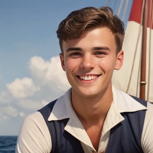 masterpiece,high definition,ultra realistic,((one young man)),sailor,vintage,younger,smile,seaman,pirate,