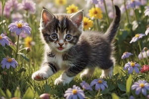 masterpiece,photorealistic,one cute kitten ,full body,younger,in a field of flowers,kitten is running and trying to catch a mouse and look very confused,