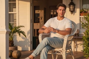 photorealistic,masterpiece high quality,
The warm golden light of the setting sun casts a gentle glow on the whole scene,
solo,one mature man, the mature man is sitting on a vintage wodden porch,
the man is sitting in a white painted rattan chair,
the man is wearing a white ribbed tshirt, light denim jeans and light sandals,
the man is just sitting,thinking about life,sexy, (((close up face))) ,