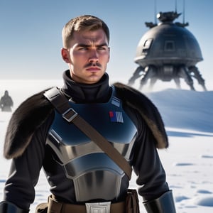 In a breathtaking photorealistic image, a dashing young Russian man (((full body))), clad in an exquisite black star wars 1815-era army uniform, stands resolute outside amidst an alien landscape, his piercing gaze fixed intently on the horizon ((looks at something)). Frostbite has set in, with delicate ice crystals forming on his eyelashes and nose. The old army helmet sits atop his crew-cut hair, adding to his rugged determination.

The dramatic side lighting casts long shadows across the snow, accentuating every contour of his chiseled face: wide jaws, wide nose, high cheekbones, and full lips, all set off by a thick, dramatic moustache. His muscular physique is evident beneath the uniform as he stands firm against the elements ((full body visible)).