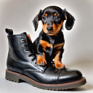 masterpiece,photorealistic,one cute dachshund
puppy ,full body,younger, puppy is sitting in one big shoe,