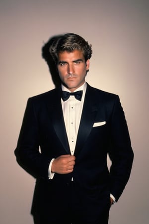 In a dimly lit photography studio, a photorealistic 1985 portrait features a hairy man with short, neatly trimmed hair. He stands confidently, dressed in a sleek black tuxedo and matching bow tie. His piercing gaze directly addresses the camera, exuding a sense of intensity and sophistication as he strikes a pose, reminiscent of a high-fashion model.