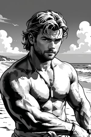 , (((ink drawing))), (((monochrome))),(((cartoon style))), high quality, 4k,masterpiece, (((in the style of alex raymond drawing ))),(((drawing comics style))),
(((high contrast))), (((line drawing))),one man on a beach, the man look like chris hemsworth,