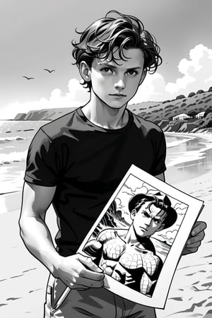 , (((ink drawing))), (((monochrome))),(((cartoon style))), high quality, 4k,masterpiece, (((in the style of alex raymond drawing ))),(((drawing comics style))),
(((high contrast))), (((line drawing))),one man on a beach, the man look like tom holland,