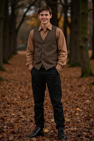 photorealistic,masterpiece high quality,full body, full face,
one young man dressed in vintage clothes, dark simple background,felix,open smile,the young man is standing in the autumn in a forest, the young man is wearing y2k clothes
