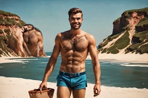 ((((((in the year of 1952)))))),masterpiece, photorealistic,high quality, (((((((in the style of american mid century illustration))))))),(((one (((hairy))) handsome muscular young man))),at the beach, man is wearing bulging swiming trunks,man grin widely,