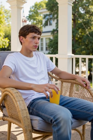 one skinny 16 year old boy,the boy is sitting in a rattan chair on a outdoor porch, summerm sunshine,lemonade,the boy iswearing jeans and a white tshirt