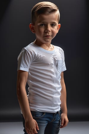 ,UHD, 8K, masterpiece, ultra realistic, realistic skin,Extremely Realistic,  photorealistic,one 8 year old nude boy,boy is wearing  a white t-shirt and jeans, boy is inside,simple dark background,full body,