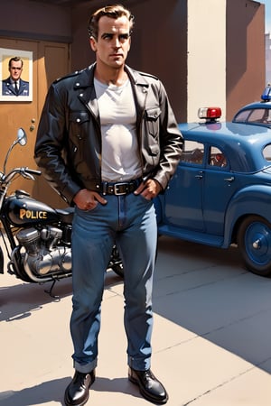 photorealistic, high quality,masterpiece ,(((in the style of alex raymond,))),in the year of 1955,one man , the man is wearing a white t-shirt,denim jeans, black shoes and a black motorcycle leather jacket, the man is looking at a police man,